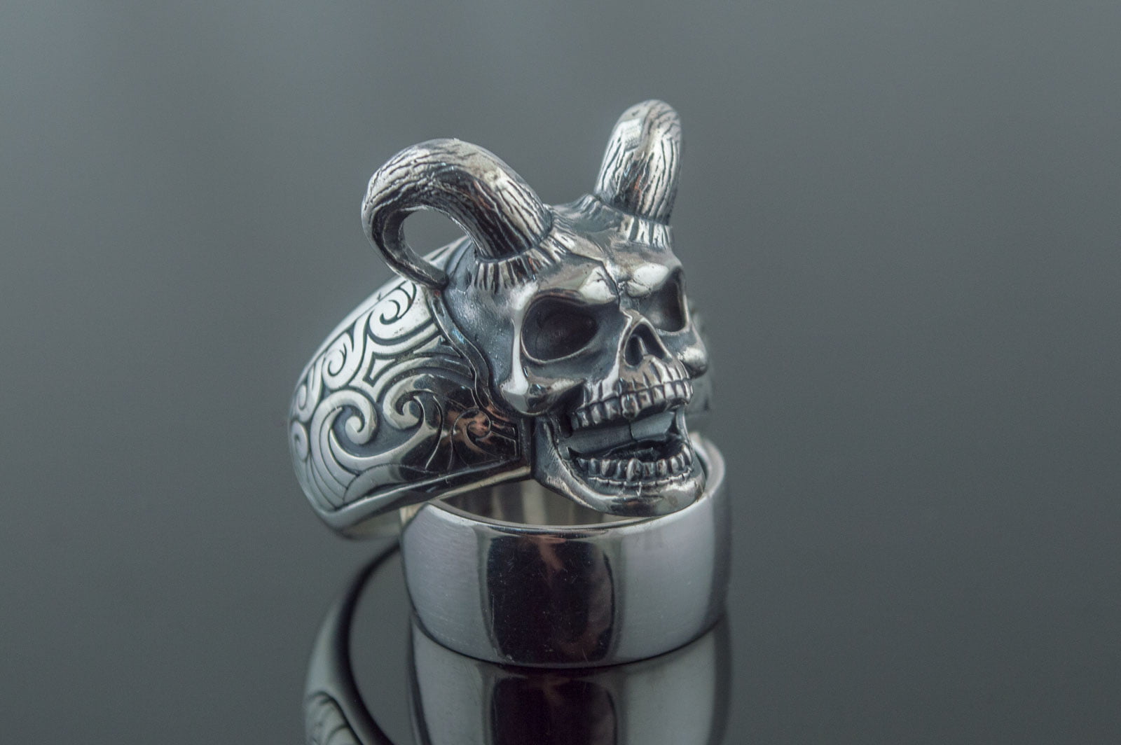 Skull with Horns Ring Sterling Silver Handmade Jewelry - vikingworkshop