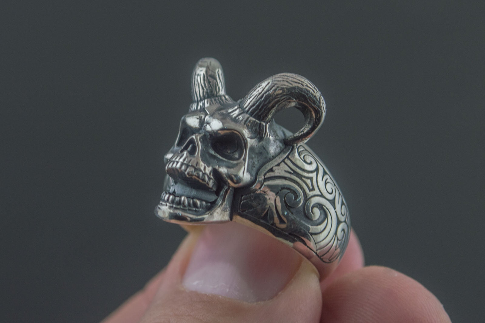 Skull with Horns Ring Sterling Silver Handmade Jewelry - vikingworkshop