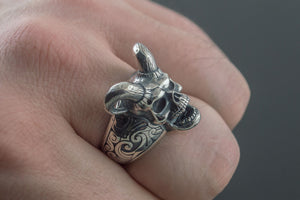 Skull with Horns Ring Sterling Silver Handmade Jewelry - vikingworkshop