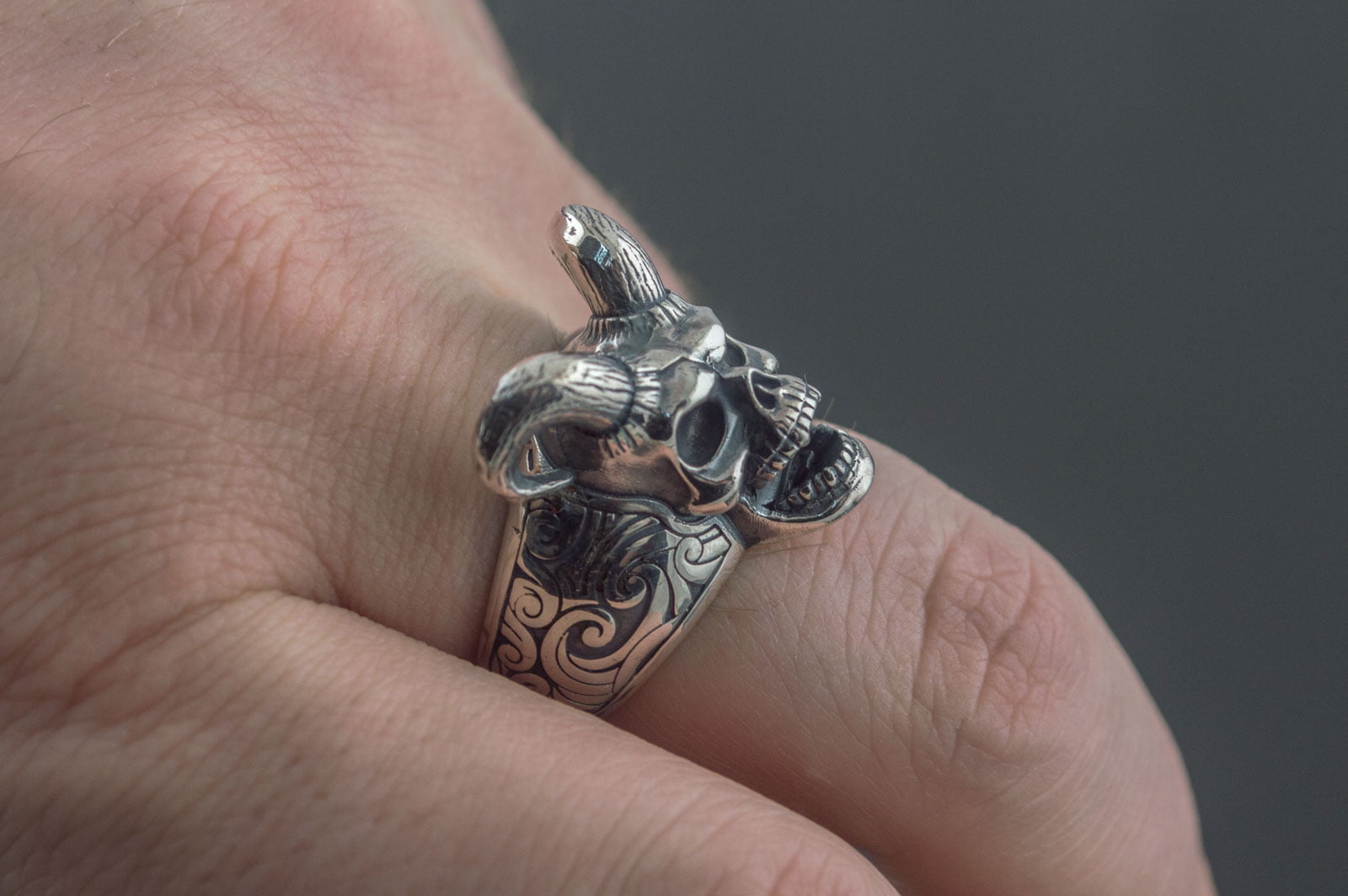 Skull with Horns Ring Sterling Silver Handmade Jewelry - vikingworkshop