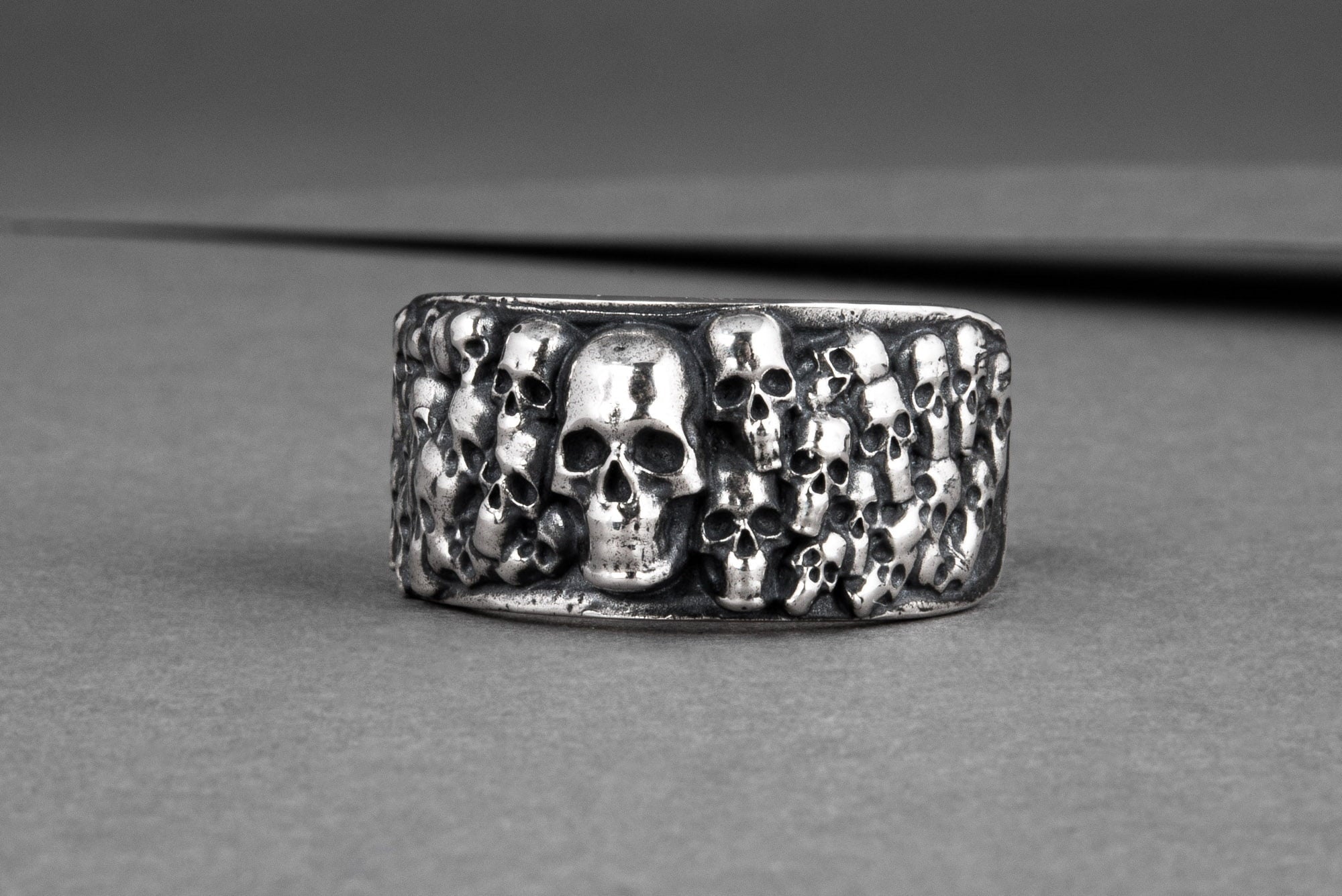 Ring with Skulls Sterling Silver Unique Handmade Biker Jewelry