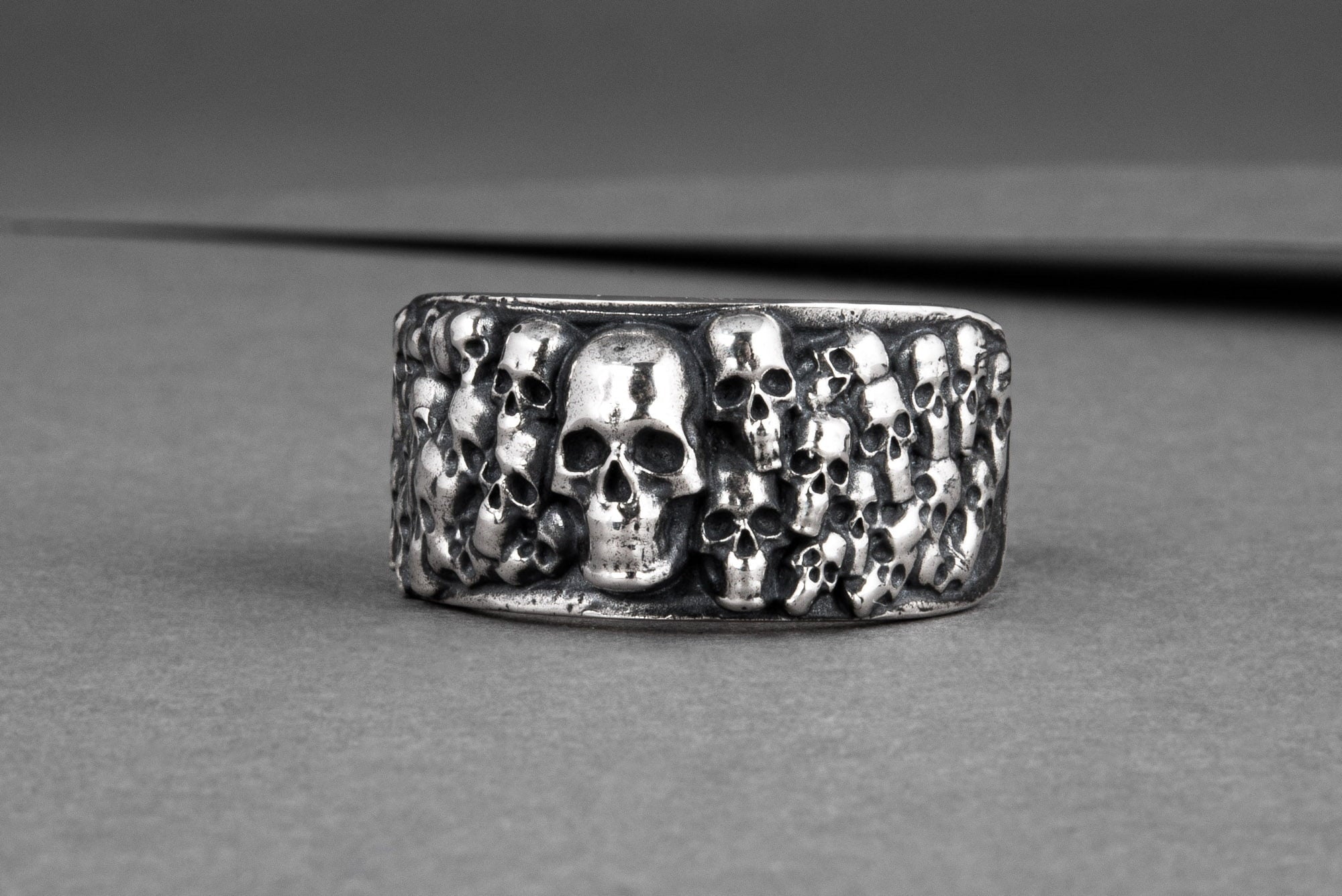 Ring with Skulls Sterling Silver Unique Handmade Biker Jewelry - vikingworkshop