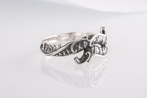 Handmade Ouroboros Ring with Runes Symbol Sterling Silver Viking Jewelry - vikingworkshop