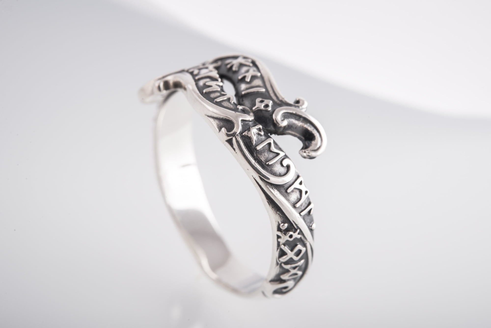 Handmade Ouroboros Ring with Runes Symbol Sterling Silver Viking Jewelry - vikingworkshop