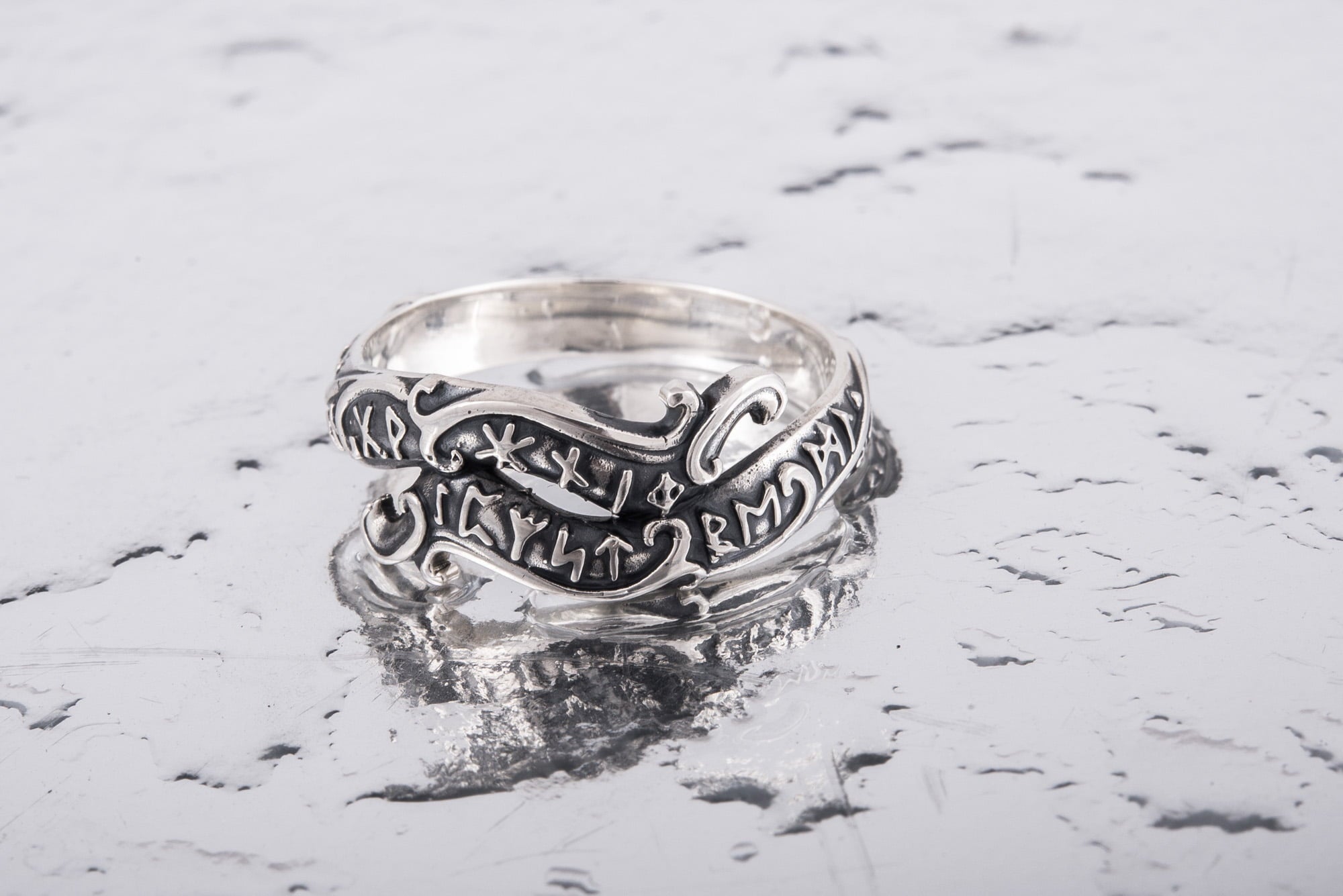 Handmade Ouroboros Ring with Runes Symbol Sterling Silver Viking Jewelry - vikingworkshop