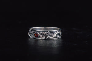 Ring with Dragon and Red Cubic Zirconia Sterling Silver Jewelry - vikingworkshop