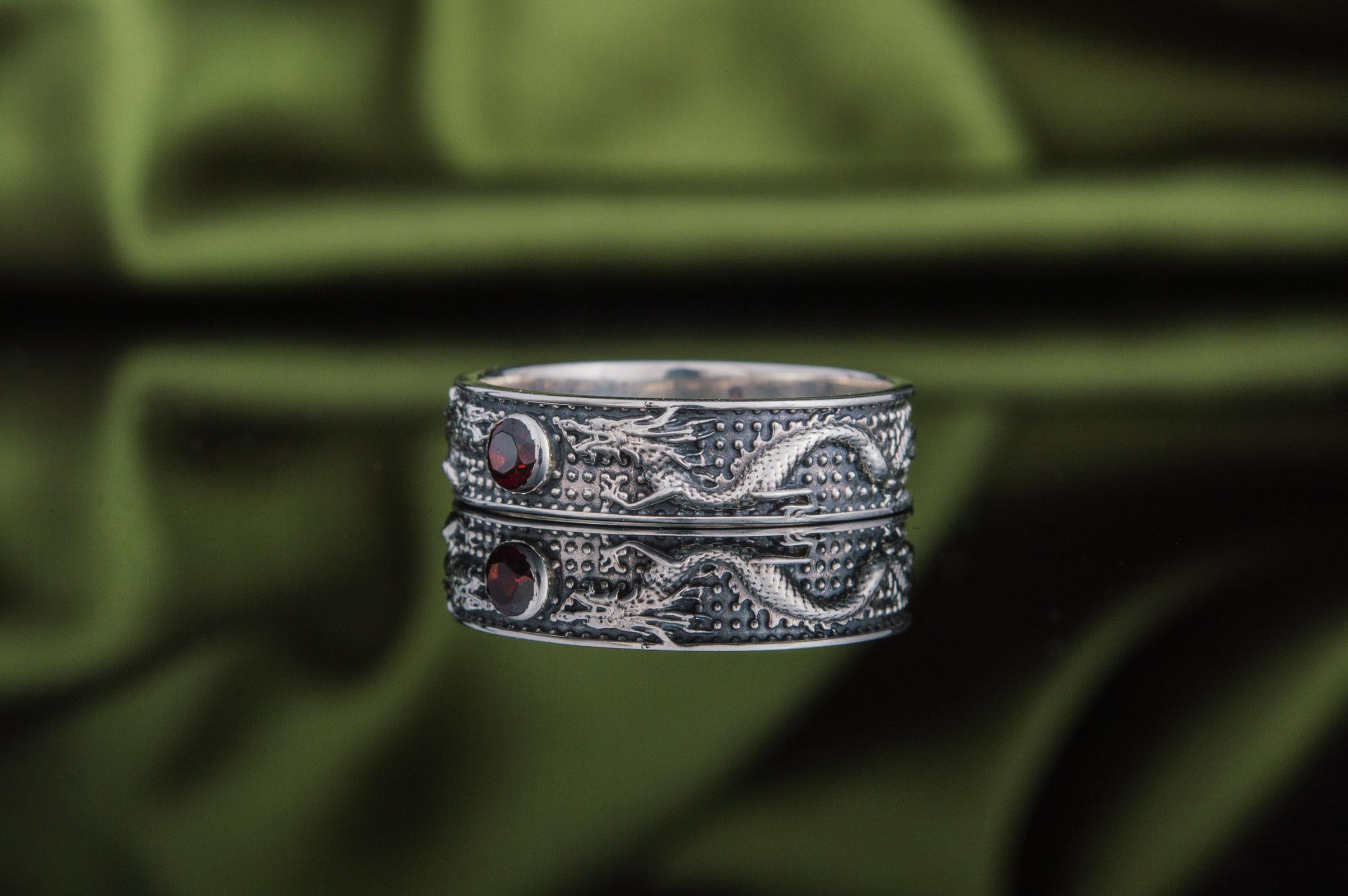 Ring with Dragon and Red Cubic Zirconia Sterling Silver Jewelry - vikingworkshop