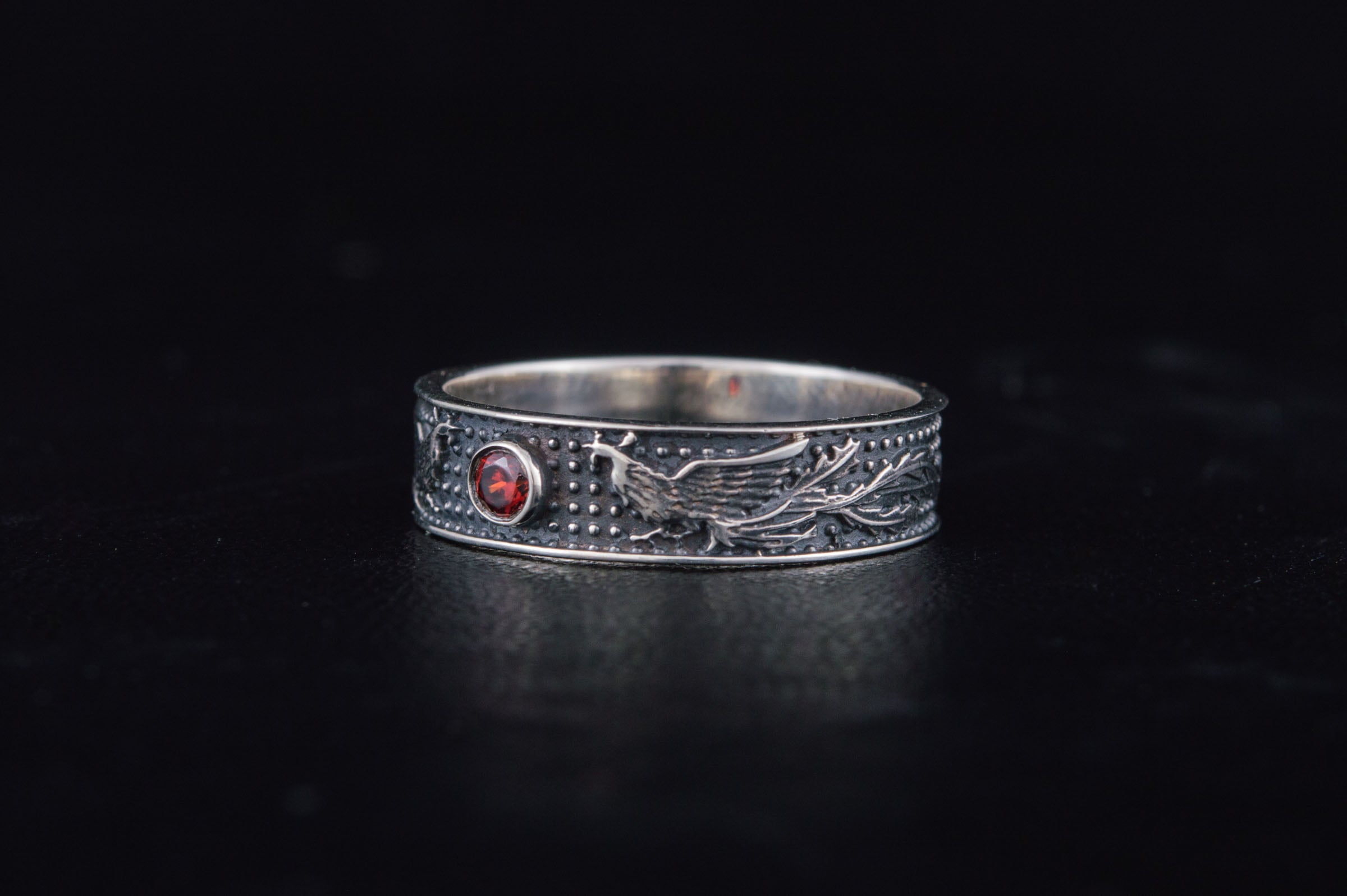 Ring with Firebird and Red Cubic Zirconia Sterling Silver Jewelry - vikingworkshop