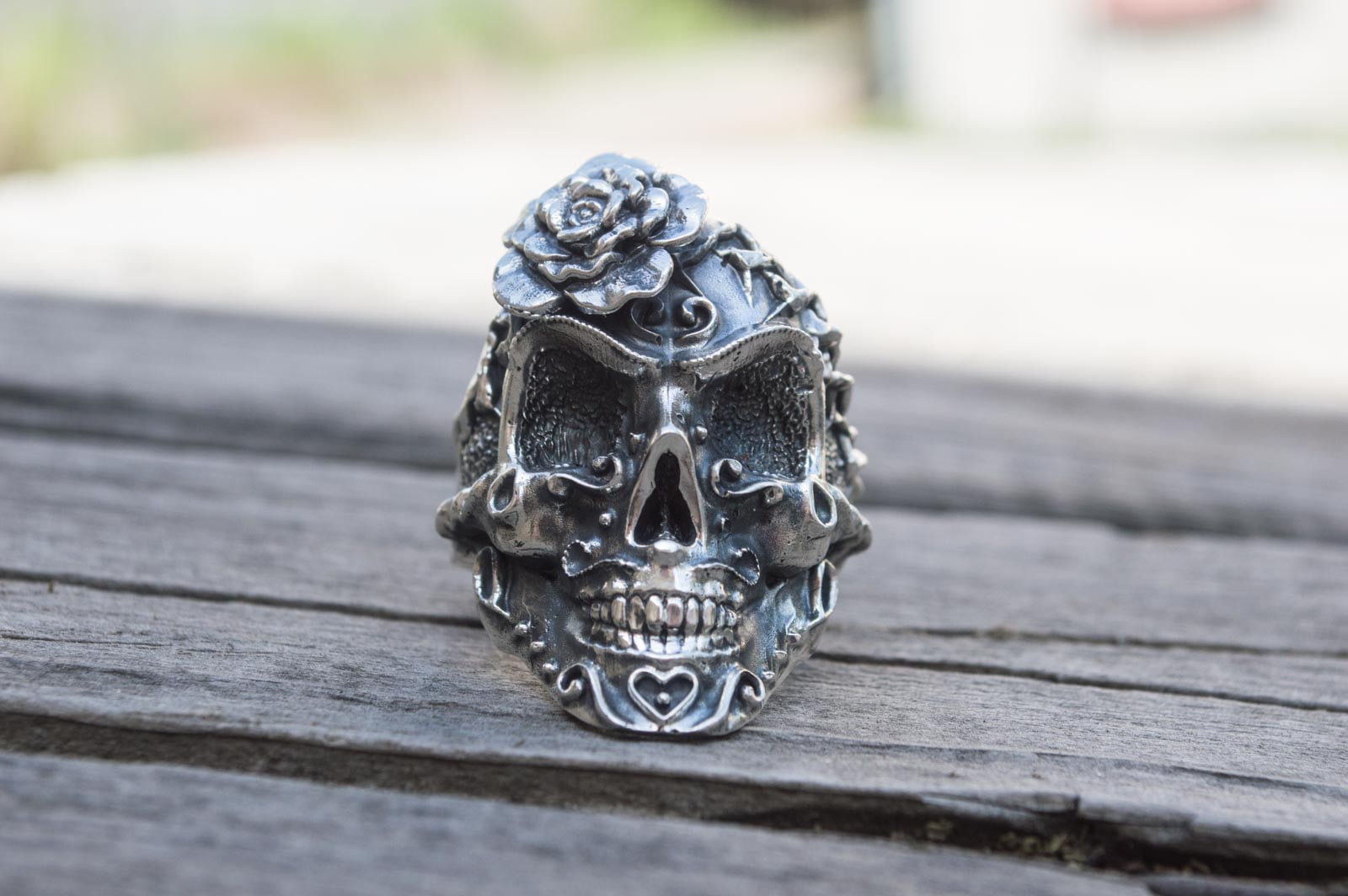 Skull with Flower Ring Sterling Silver Handmade Unique Jewelry