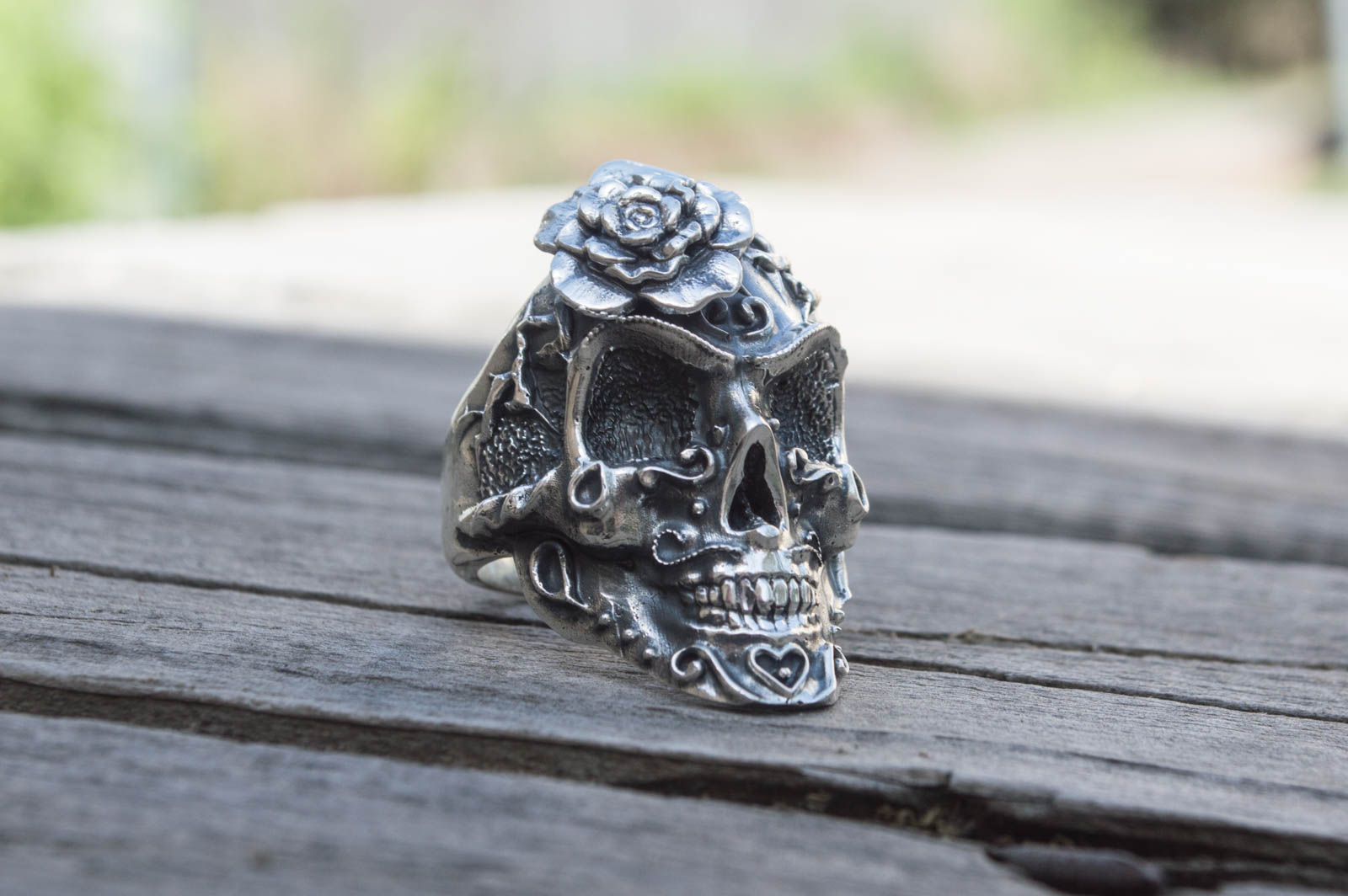 Skull with Flower Ring Sterling Silver Handmade Unique Jewelry - vikingworkshop