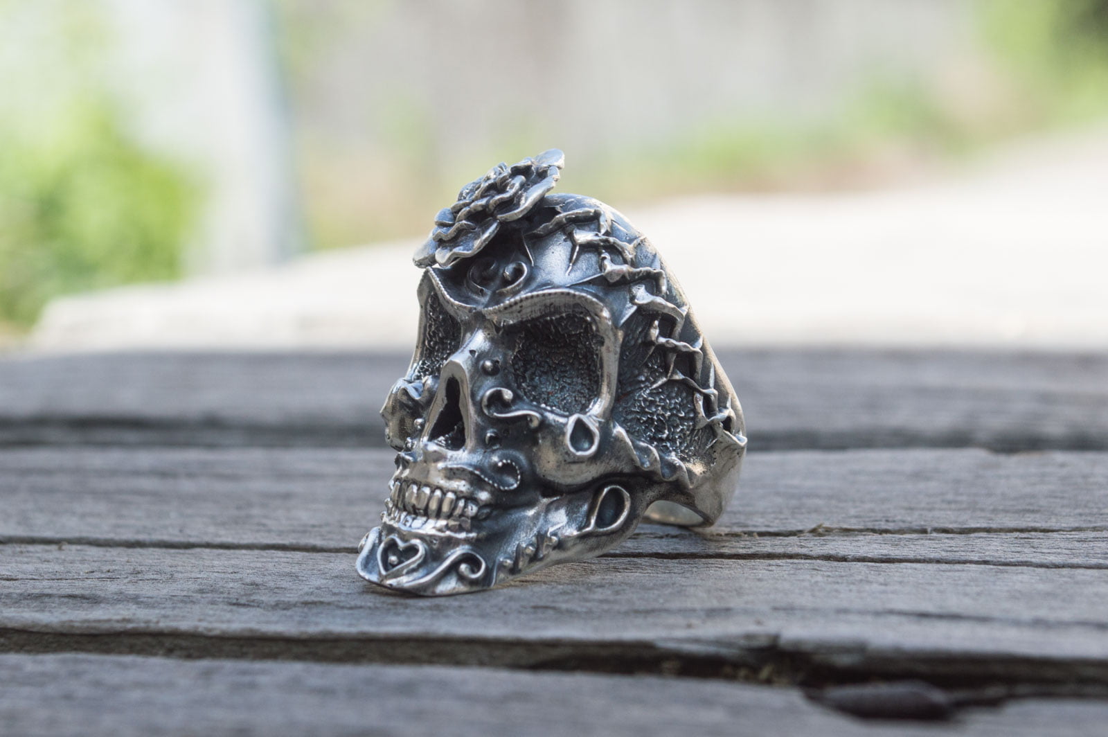 Skull with Flower Ring Sterling Silver Handmade Unique Jewelry - vikingworkshop