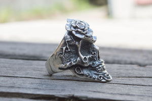 Skull with Flower Ring Sterling Silver Handmade Unique Jewelry - vikingworkshop