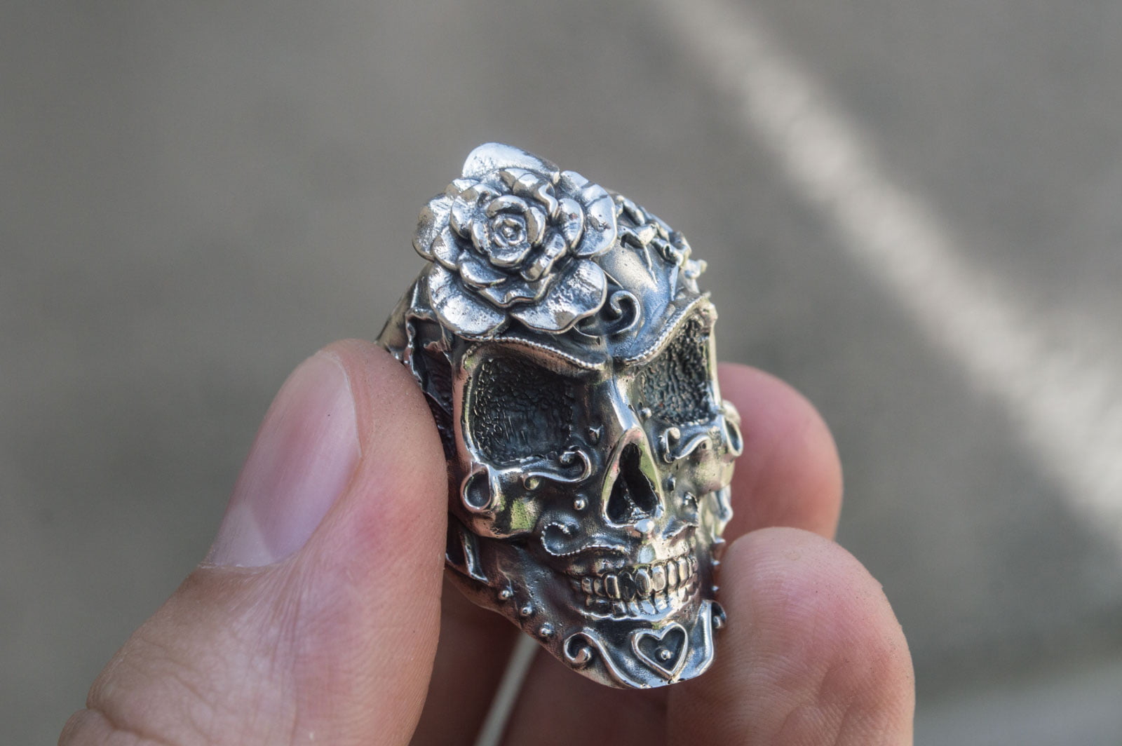 Skull with Flower Ring Sterling Silver Handmade Unique Jewelry - vikingworkshop