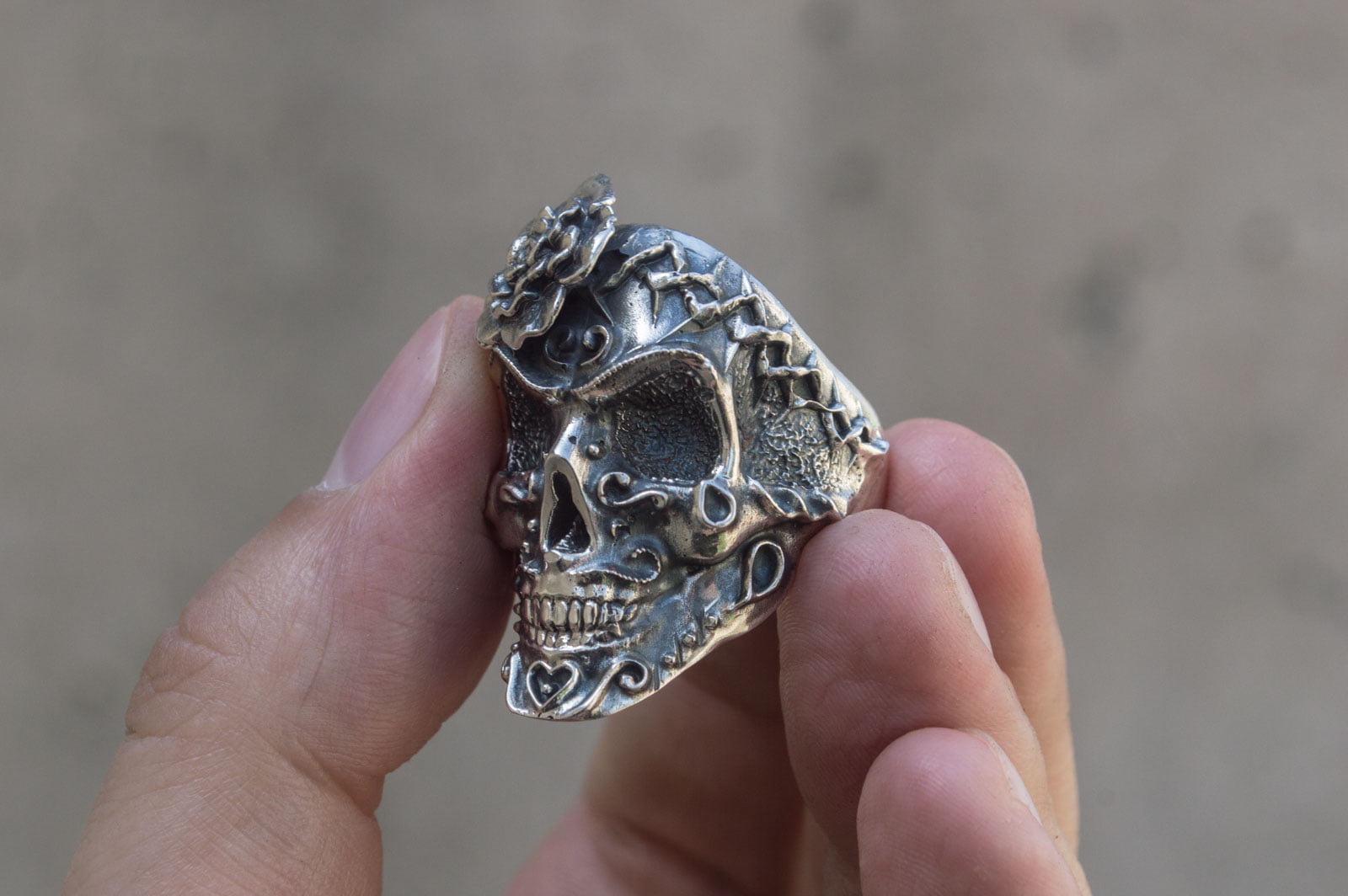 Skull with Flower Ring Sterling Silver Handmade Unique Jewelry - vikingworkshop