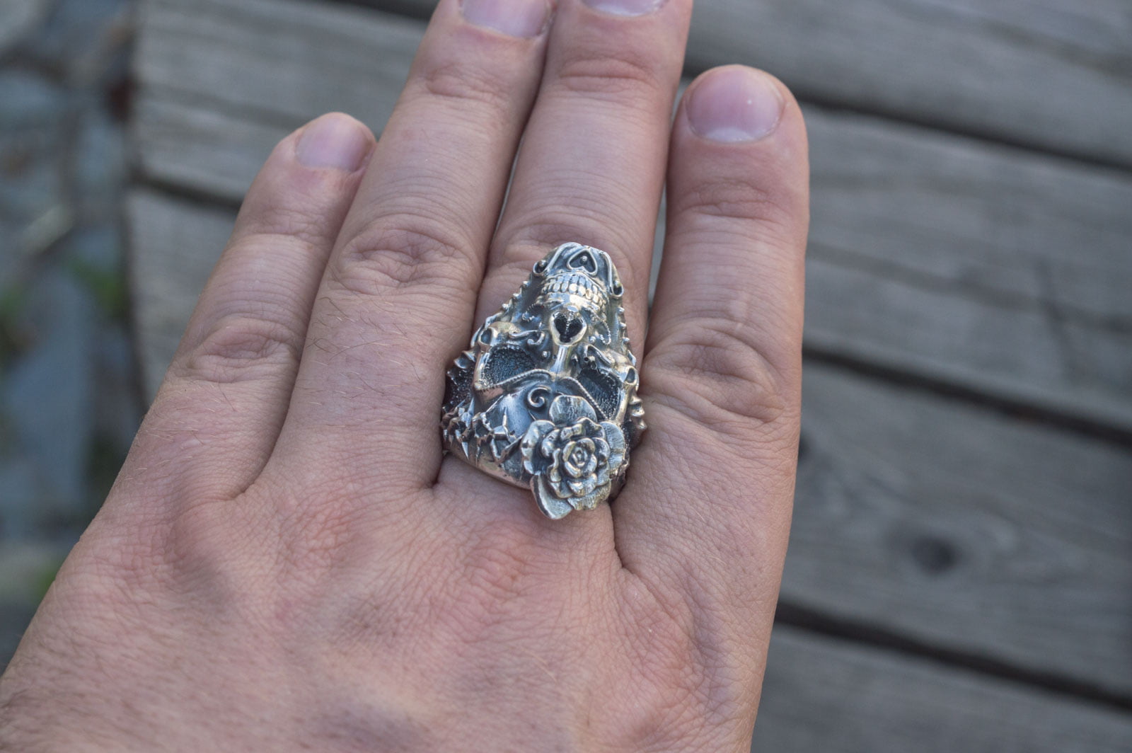 Skull with Flower Ring Sterling Silver Handmade Unique Jewelry - vikingworkshop