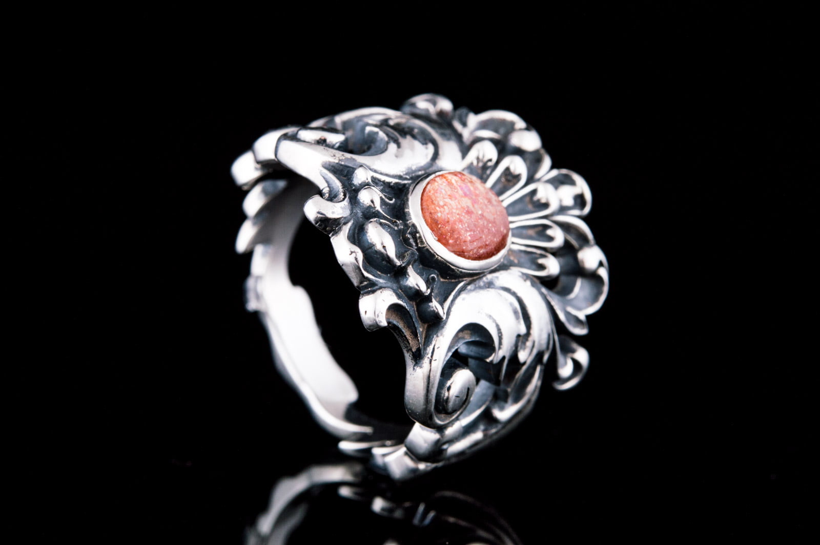 Ornament Ring with Sun stone Sterling Silver Jewelry - vikingworkshop