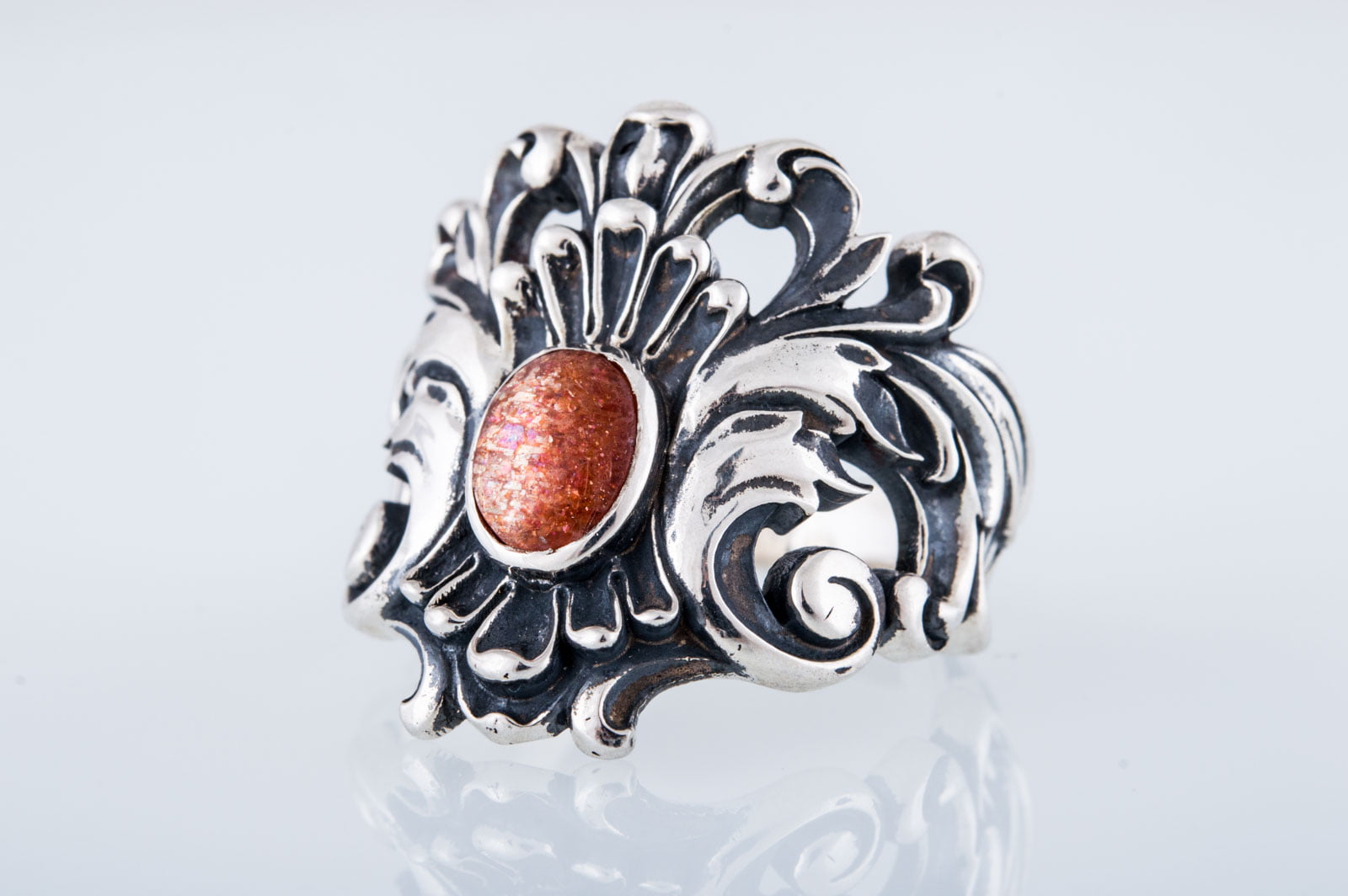 Ornament Ring with Sun stone Sterling Silver Jewelry