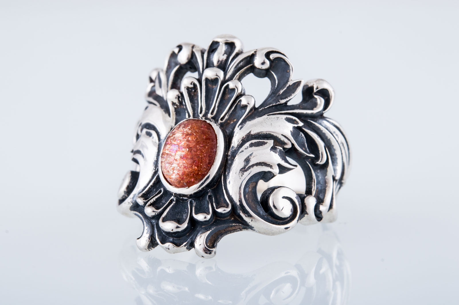 Ornament Ring with Sun stone Sterling Silver Jewelry - vikingworkshop