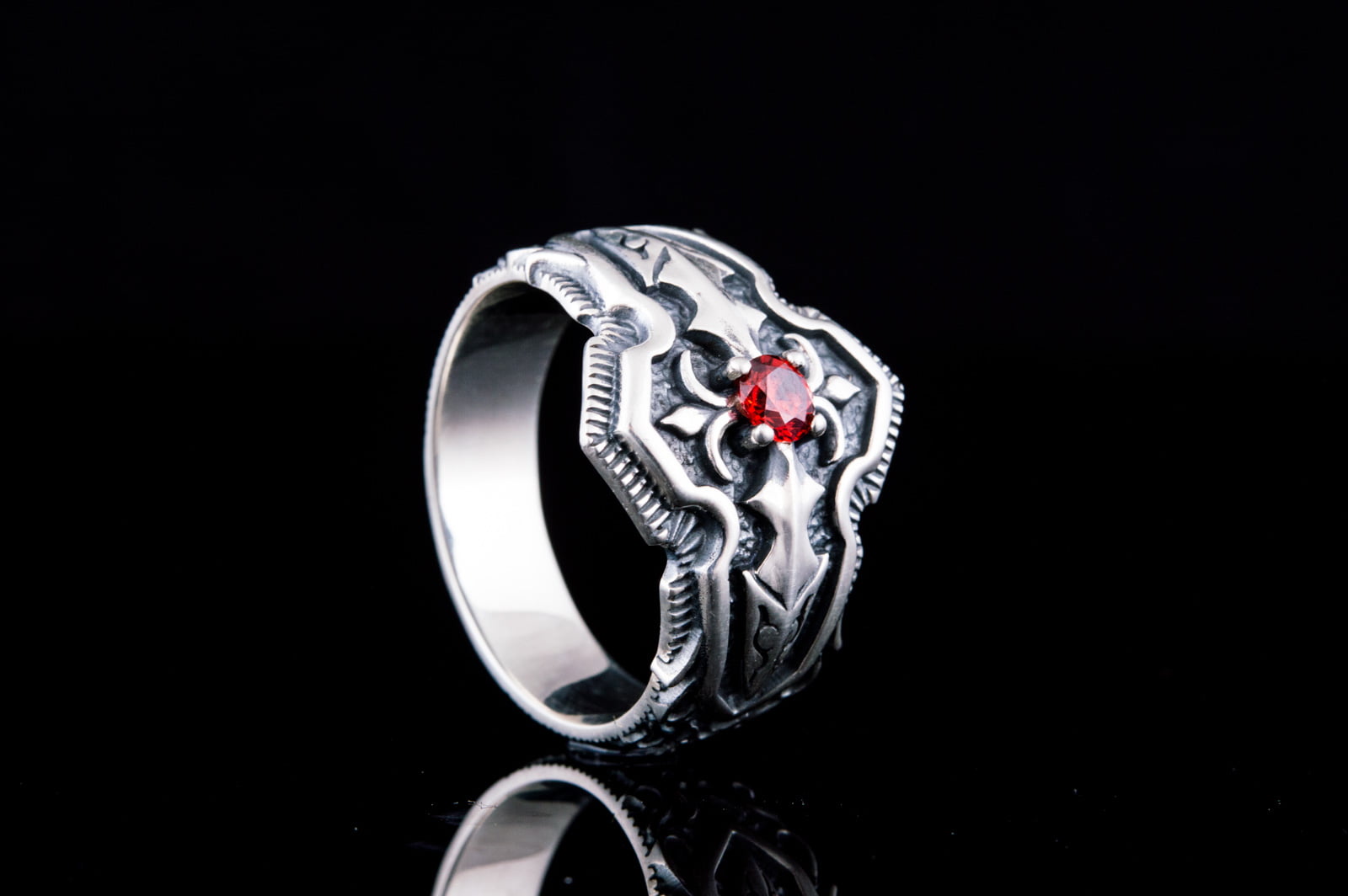 Ring with Red Cubic Zirconia Sterling Silver Handmade Jewelry - vikingworkshop