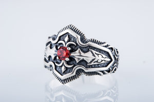 Ring with Red Cubic Zirconia Sterling Silver Handmade Jewelry - vikingworkshop