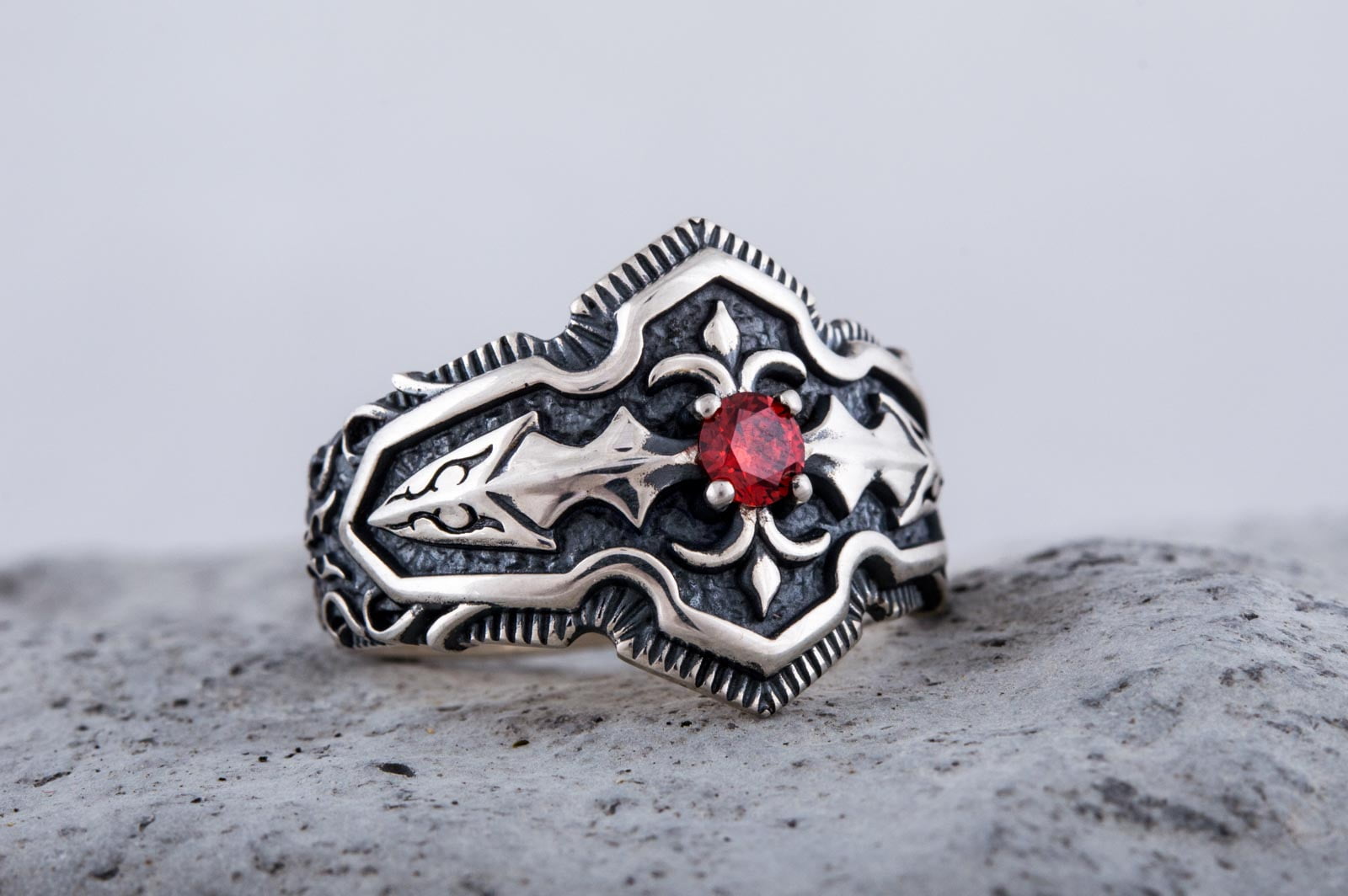 Ring with Red Cubic Zirconia Sterling Silver Handmade Jewelry - vikingworkshop