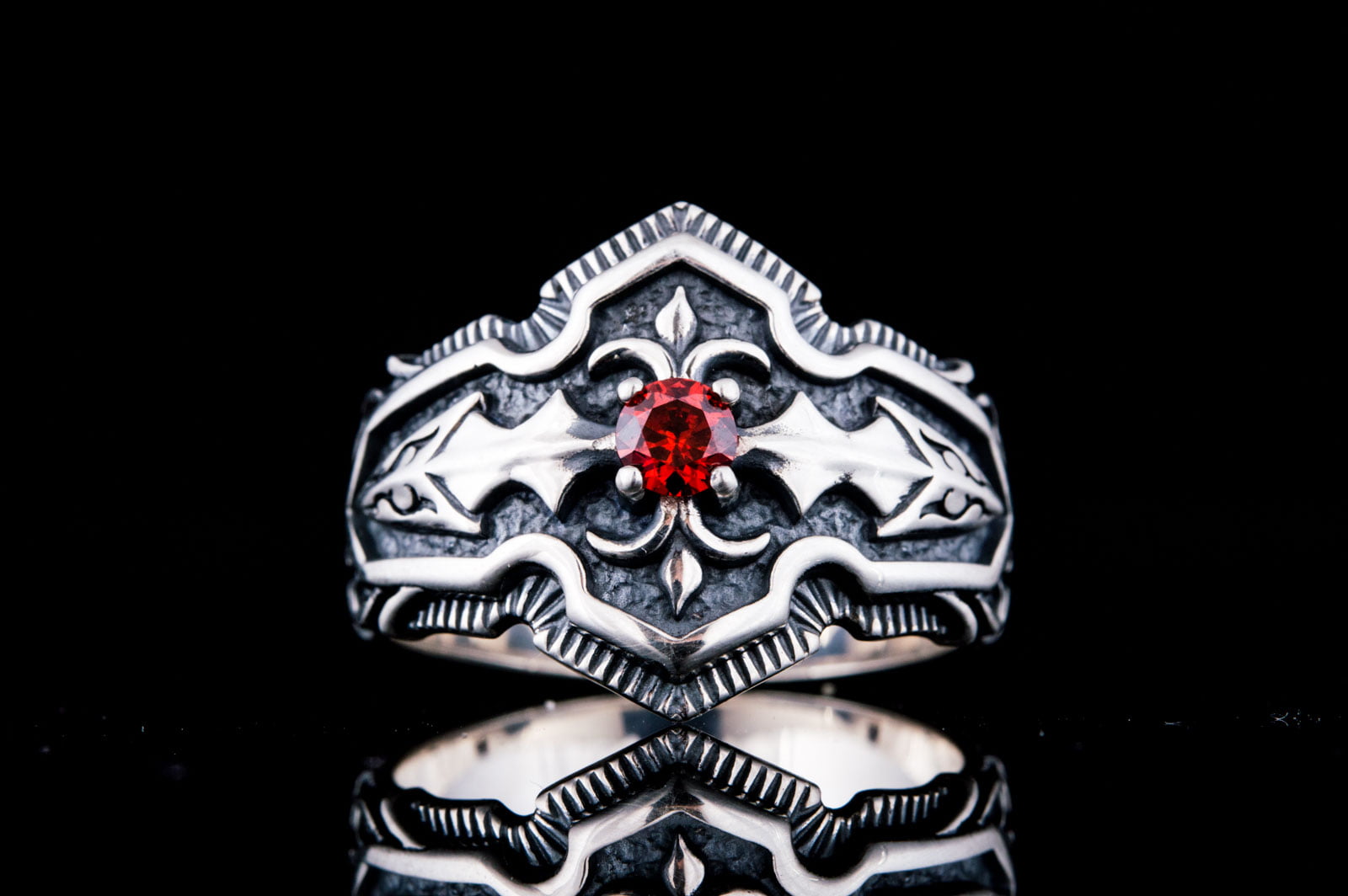 Ring with Red Cubic Zirconia Sterling Silver Handmade Jewelry - vikingworkshop