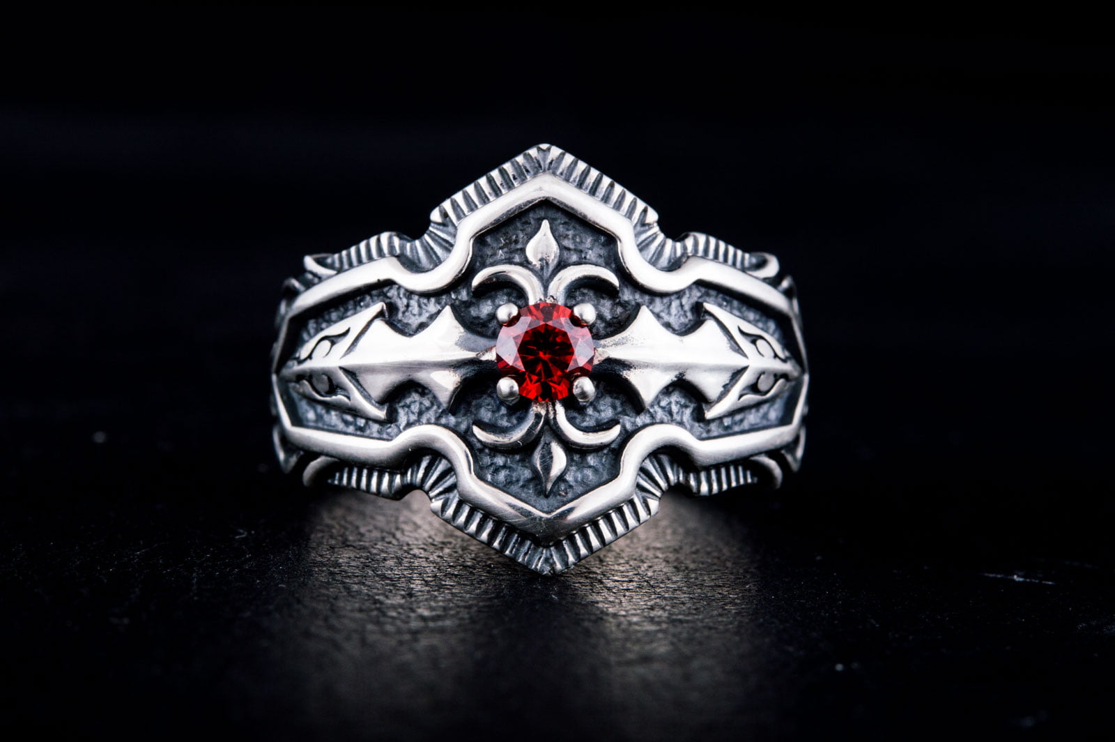 Ring with Red Cubic Zirconia Sterling Silver Handmade Jewelry - vikingworkshop