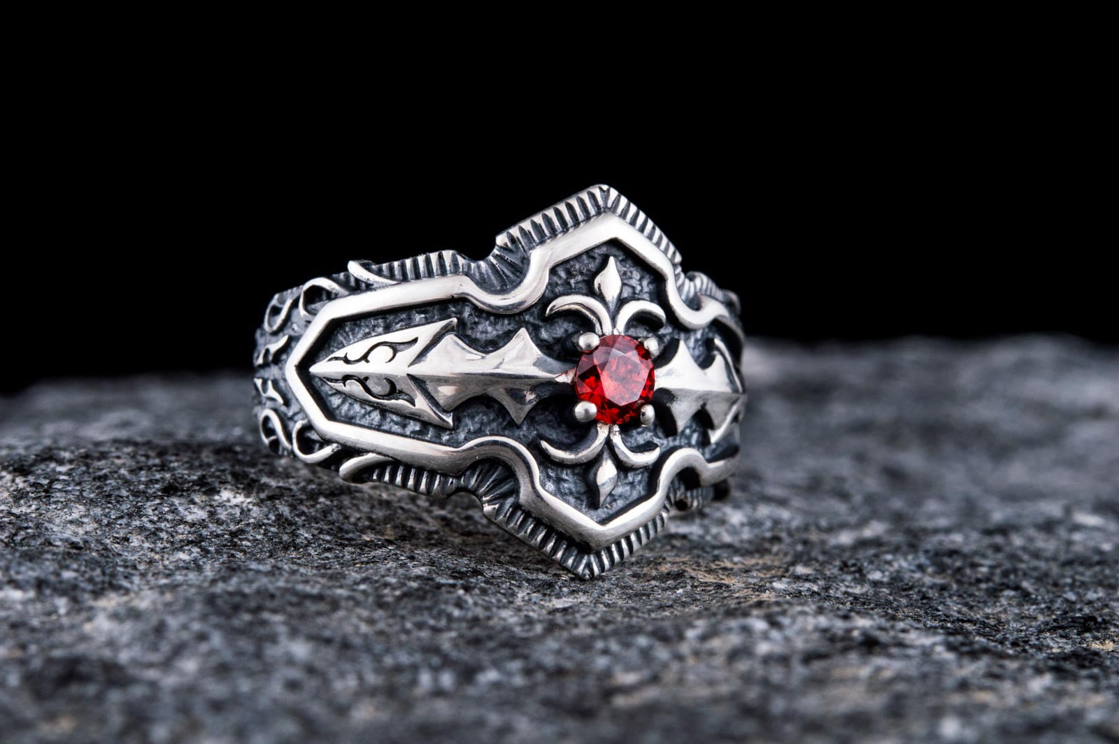 Ring with Red Cubic Zirconia Sterling Silver Handmade Jewelry - vikingworkshop