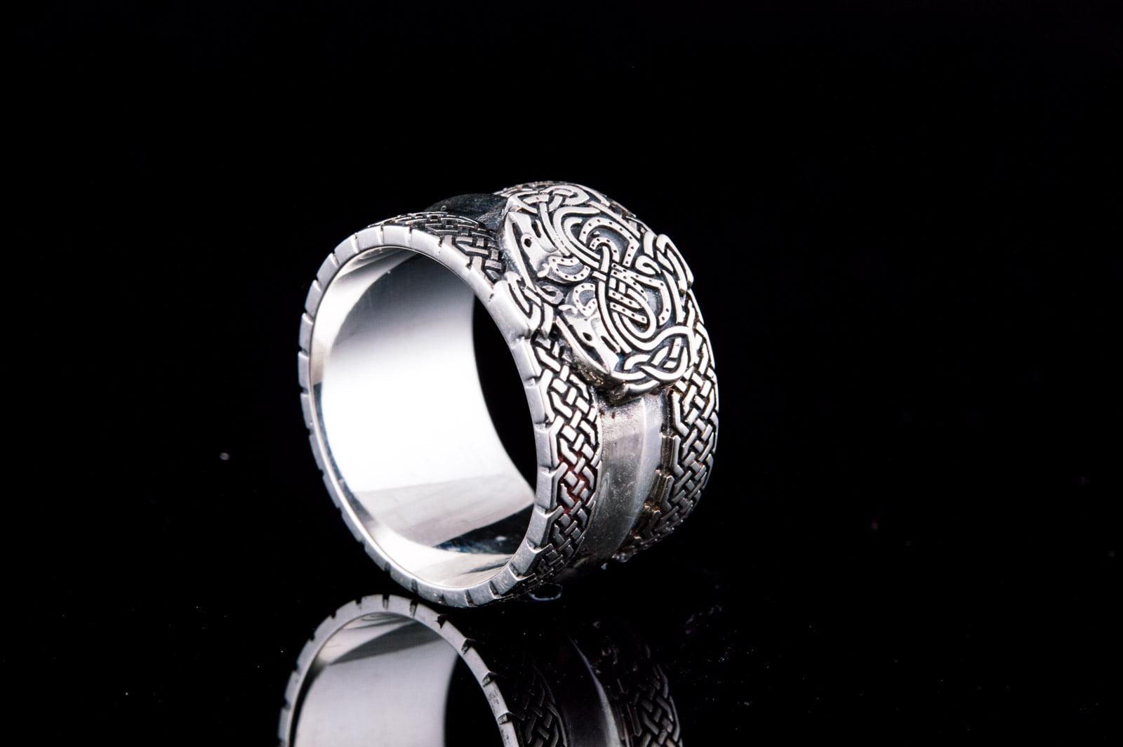 Norse Ornament Ring with Wolves 925 Silver Viking Jewelry - vikingworkshop