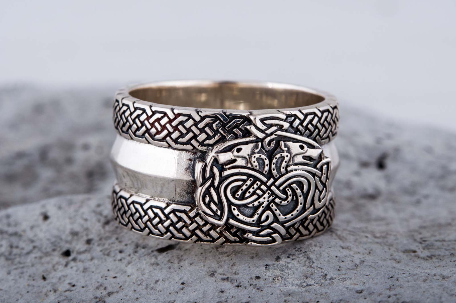 Norse Ornament Ring with Wolves 925 Silver Viking Jewelry - vikingworkshop