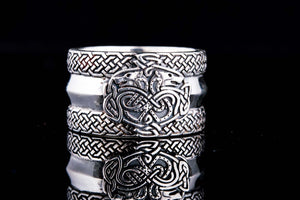 Norse Ornament Ring with Wolves 925 Silver Viking Jewelry - vikingworkshop