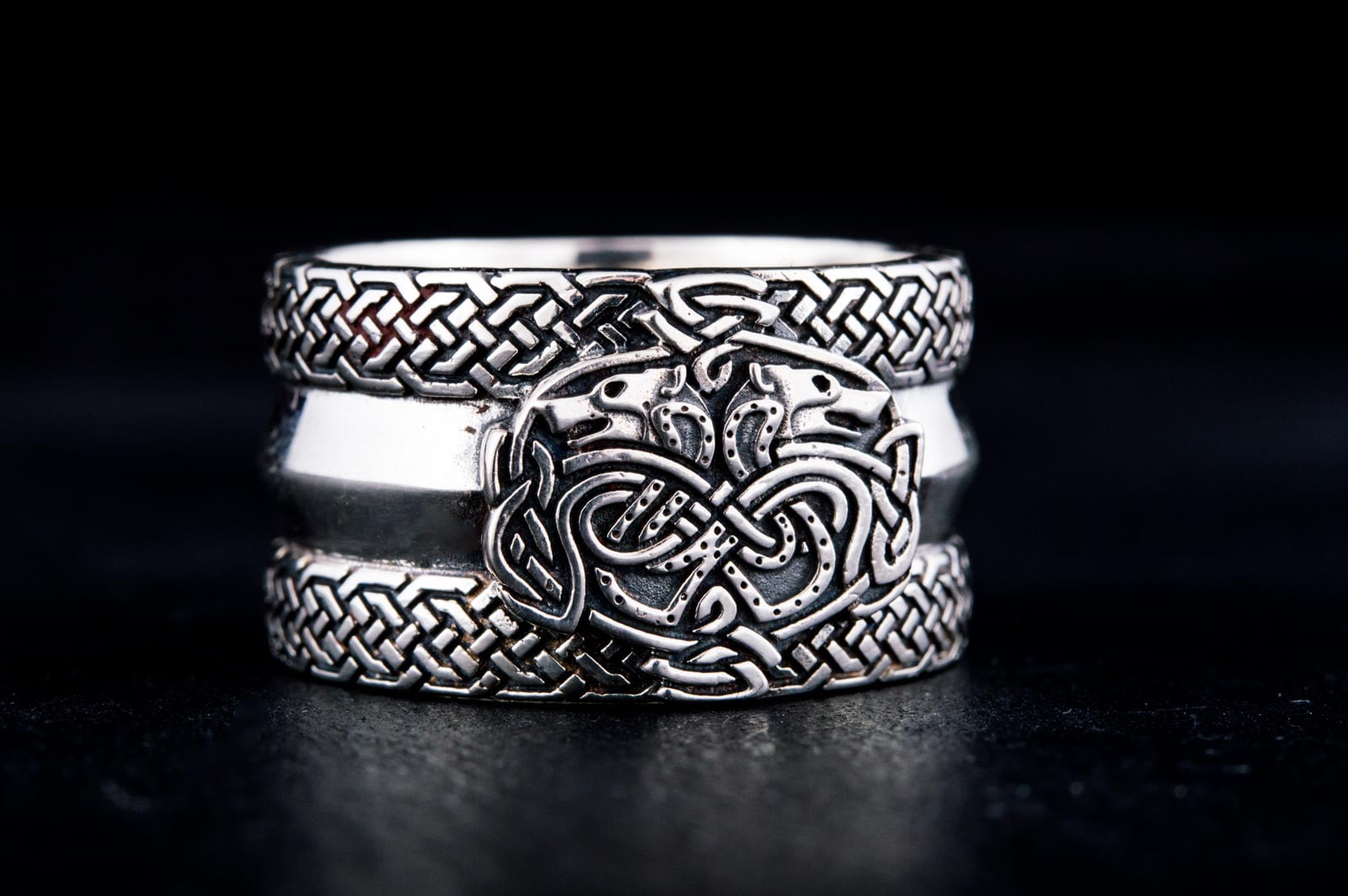 Norse Ornament Ring with Wolves 925 Silver Viking Jewelry - vikingworkshop