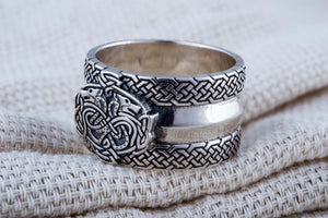 Norse Ornament Ring with Wolves 925 Silver Viking Jewelry - vikingworkshop