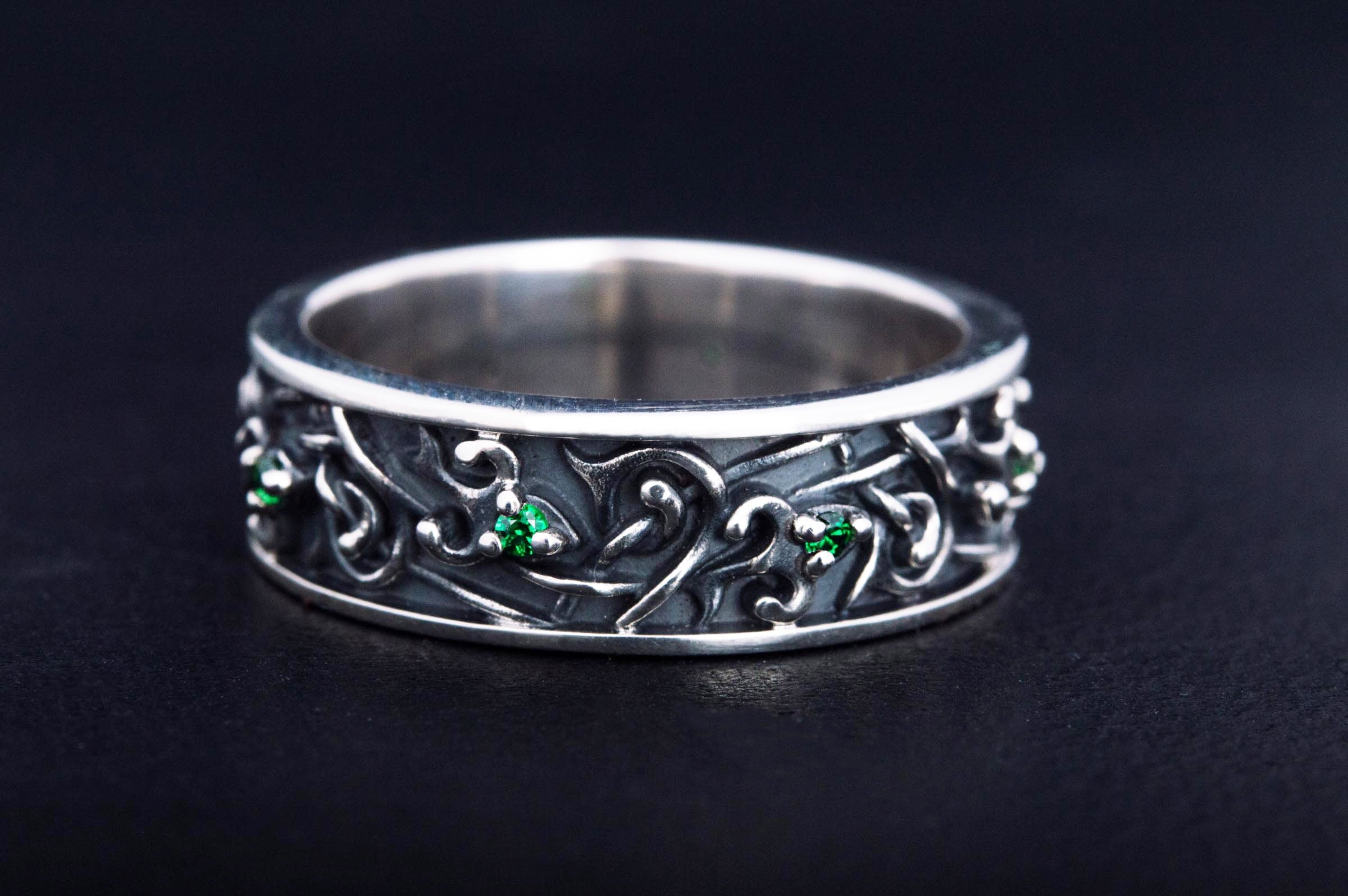 Ornament Ring with Green Cubic Zirconia Sterling Silver Jewelry - vikingworkshop