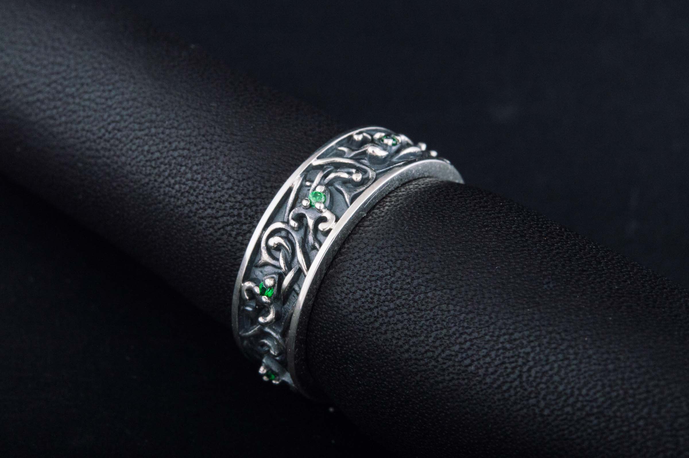 Ornament Ring with Green Cubic Zirconia Sterling Silver Jewelry - vikingworkshop