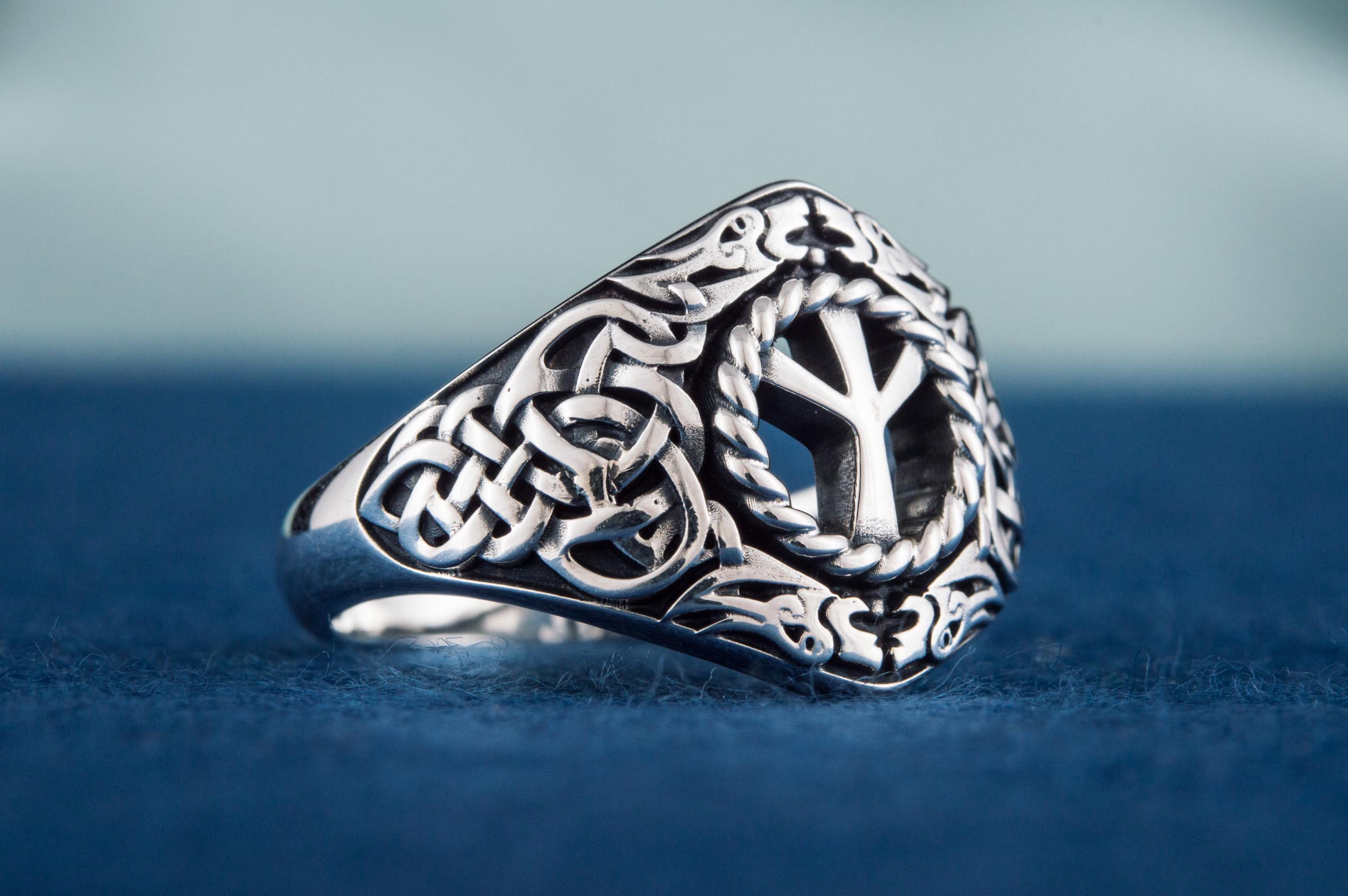 Viking Ornament Ring with Algiz Rune Sterling Silver Jewelry - vikingworkshop