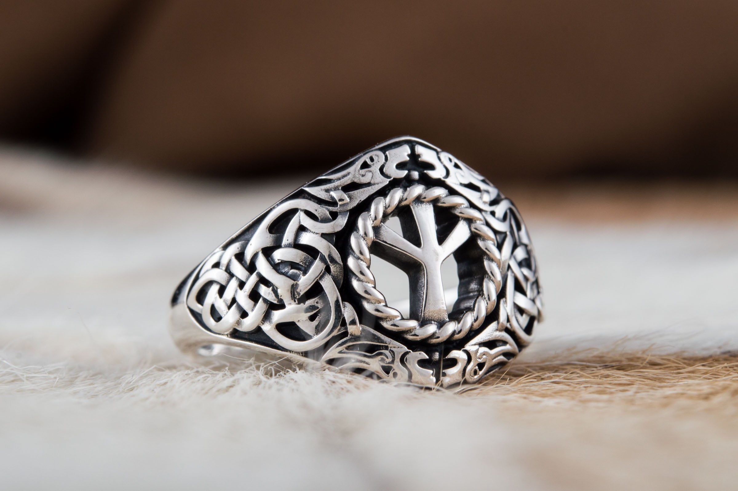 Viking Ornament Ring with Algiz Rune Sterling Silver Jewelry - vikingworkshop