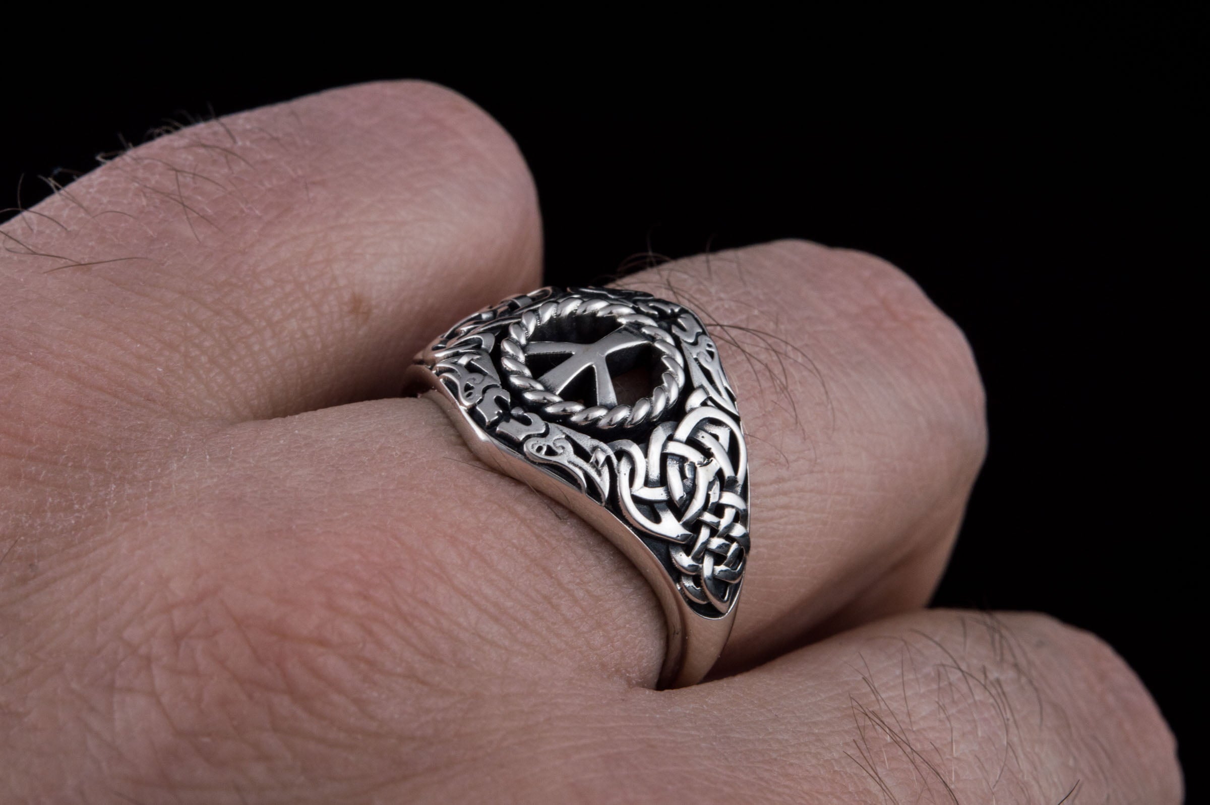 Viking Ornament Ring with Algiz Rune Sterling Silver Jewelry - vikingworkshop