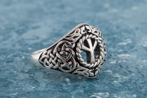 Viking Ornament Ring with Algiz Rune Sterling Silver Jewelry - vikingworkshop