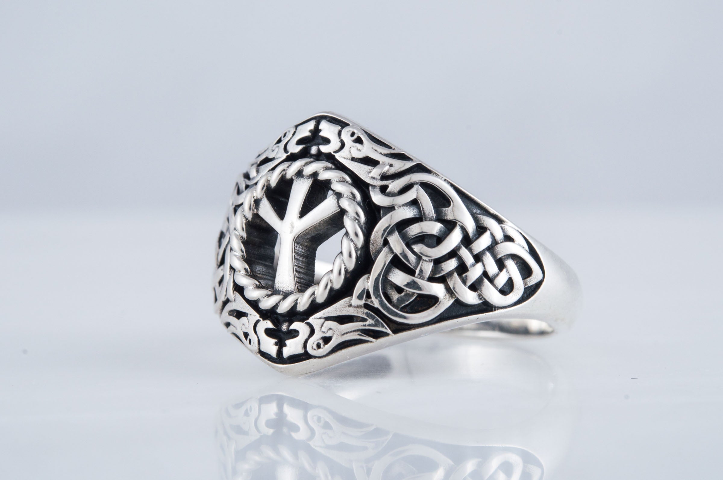 Viking Ornament Ring with Algiz Rune Sterling Silver Jewelry - vikingworkshop