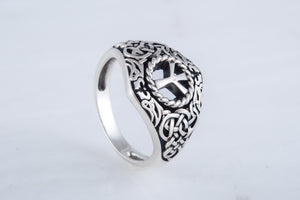 Viking Ornament Ring with Algiz Rune Sterling Silver Jewelry - vikingworkshop