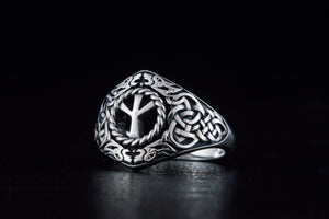 Viking Ornament Ring with Algiz Rune Sterling Silver Jewelry - vikingworkshop