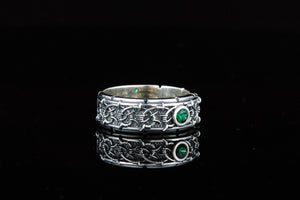 Barbed Wire Ring with Green Cubic Zirconia Sterling Silver Jewelry - vikingworkshop