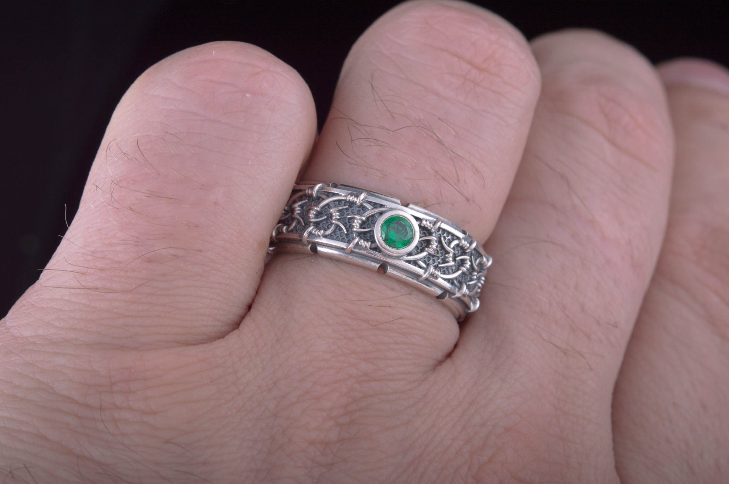 Barbed Wire Ring with Green Cubic Zirconia Sterling Silver Jewelry - vikingworkshop