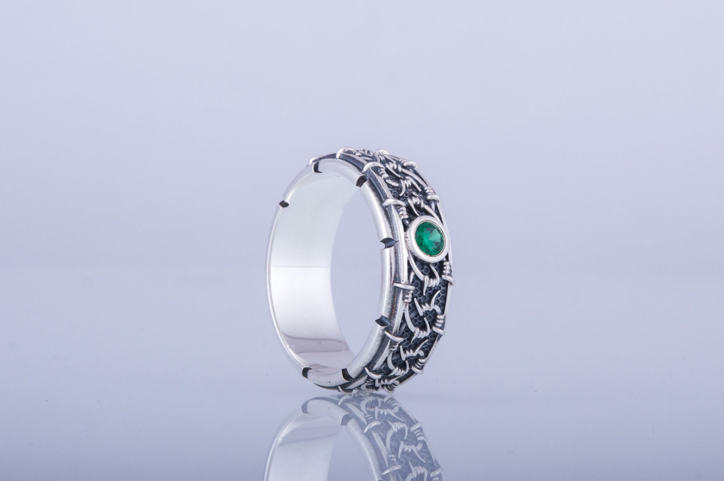 Barbed Wire Ring with Green Cubic Zirconia Sterling Silver Jewelry - vikingworkshop