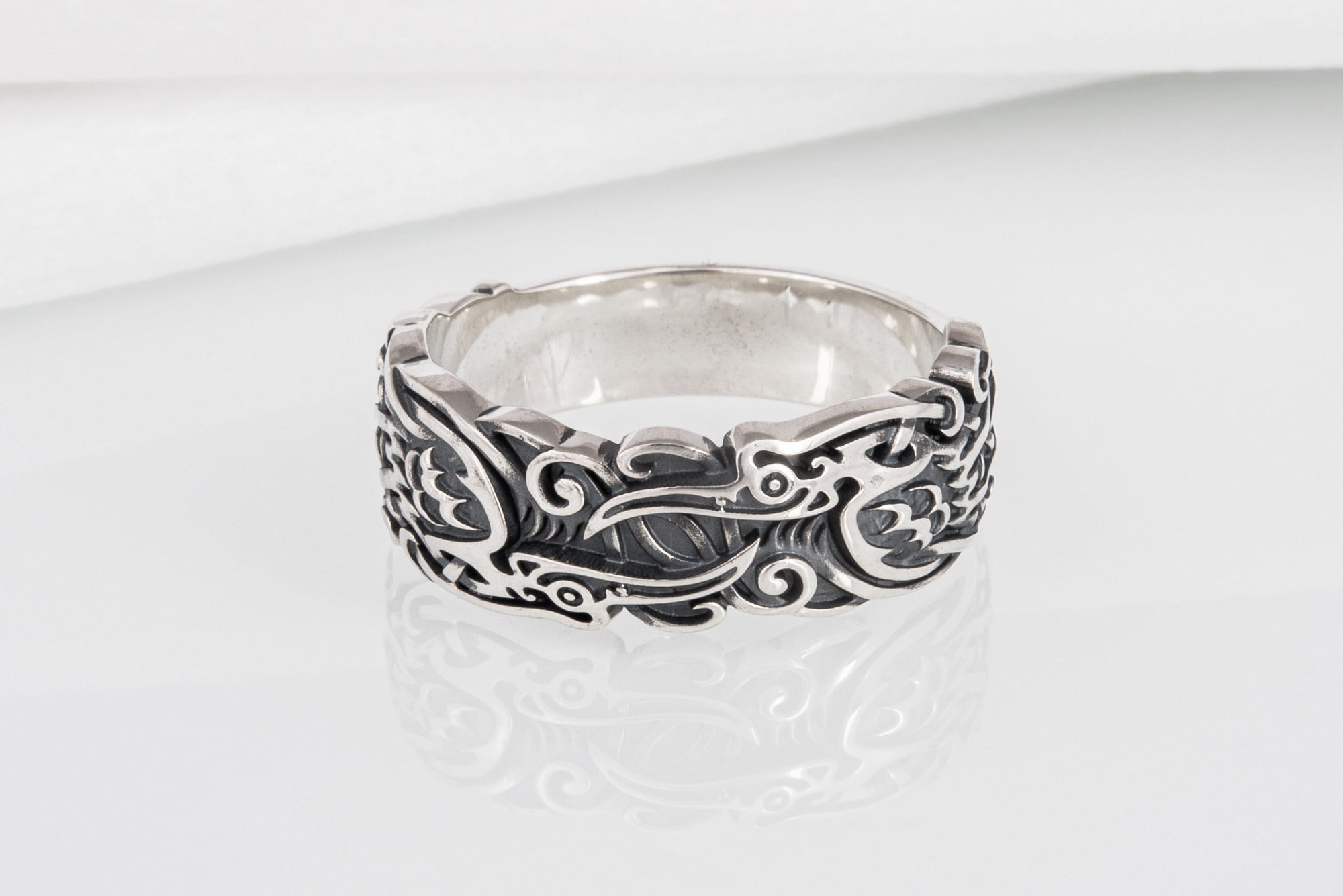 Sterling silver Viking ring with Ravens and unique ornament, handcrafted ancient style jewelry - vikingworkshop