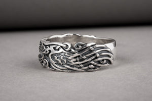 Sterling silver Viking ring with Ravens and unique ornament, handcrafted ancient style jewelry - vikingworkshop