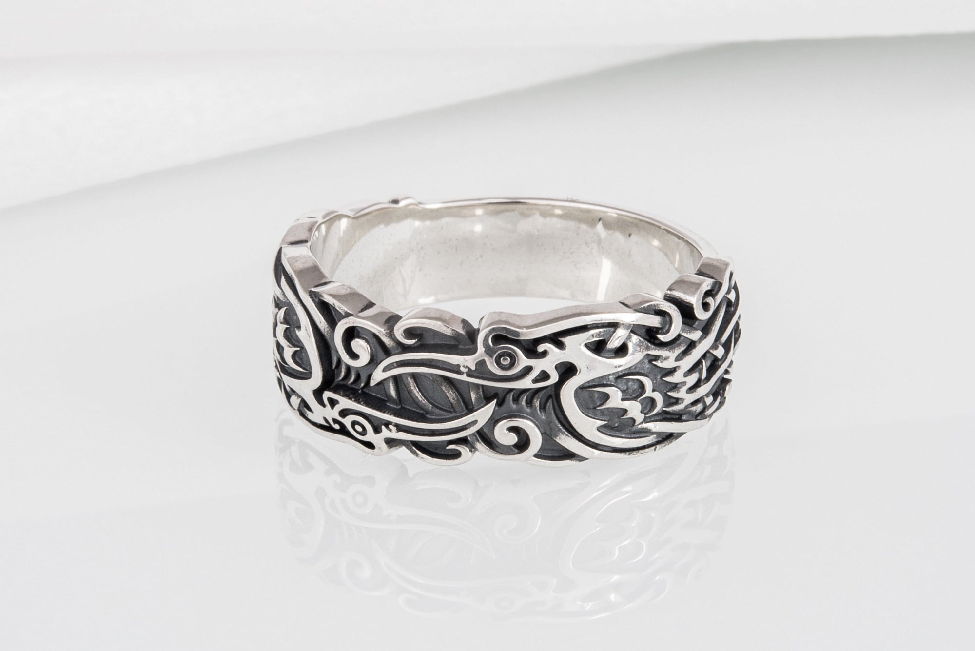 Sterling silver Viking ring with Ravens and unique ornament, handcrafted ancient style jewelry - vikingworkshop