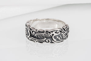 Sterling silver Viking ring with Ravens and unique ornament, handcrafted ancient style jewelry - vikingworkshop