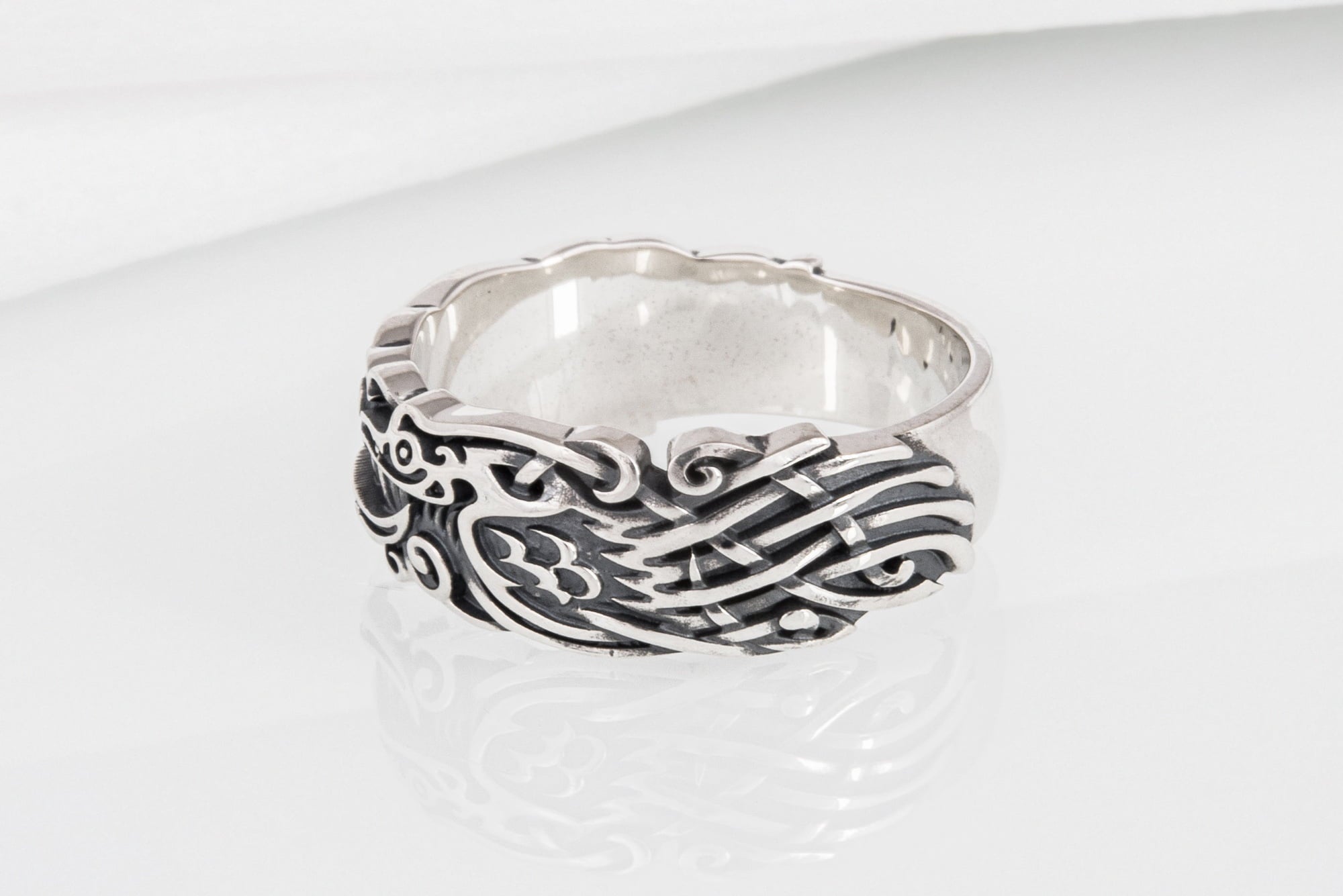 Sterling silver Viking ring with Ravens and unique ornament, handcrafted ancient style jewelry - vikingworkshop